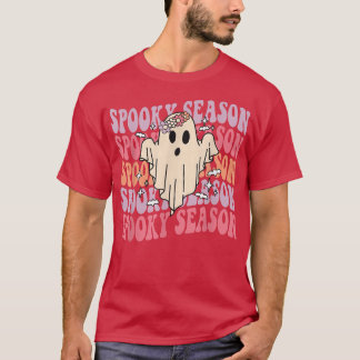 Groovy Halloween Spooky Season Retro Floral Ghost  T-Shirt