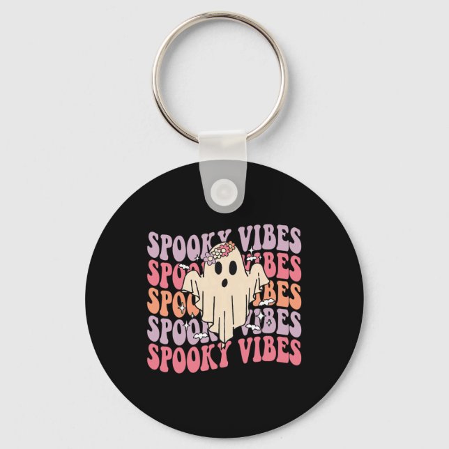 Groovy Halloween Spooky Vibes Retro Floral Ghost C Key Ring (Front)