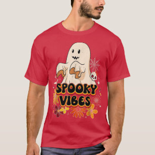 Groovy Halloween Spooky Vibes Retro Floral Ghost C T-Shirt