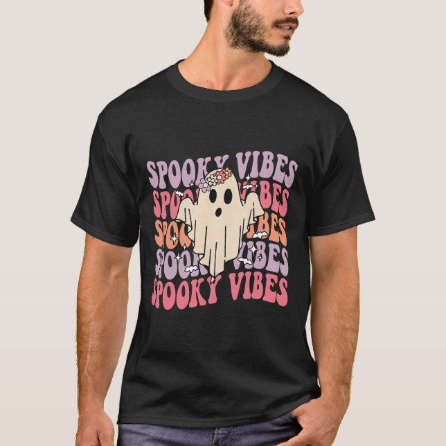 Groovy Halloween Spooky Vibes Retro Floral Ghost C T-Shirt (Front)