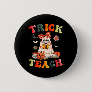 Groovy Halloween Trick or Teach Retro Floral Ghost 6 Cm Round Badge