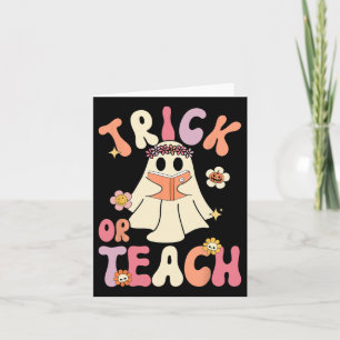 Groovy Halloween Trick Or Teach Retro Floral Ghost Card