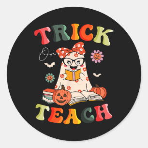 Groovy Halloween Trick or Teach Retro Floral Ghost Classic Round Sticker