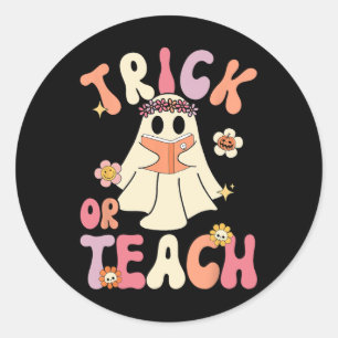 Groovy Halloween Trick Or Teach Retro Floral Ghost Classic Round Sticker