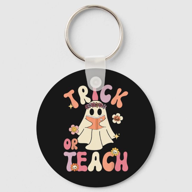 Groovy Halloween Trick Or Teach Retro Floral Ghost Key Ring (Front)
