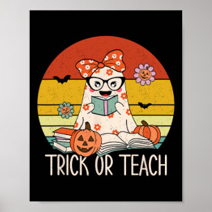 Groovy Halloween Trick or Teach Retro Floral Ghost Poster