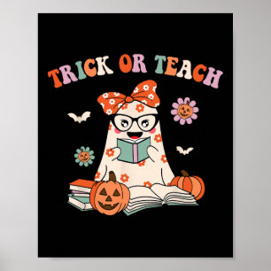 Groovy Halloween Trick or Teach Retro Floral Ghost Poster