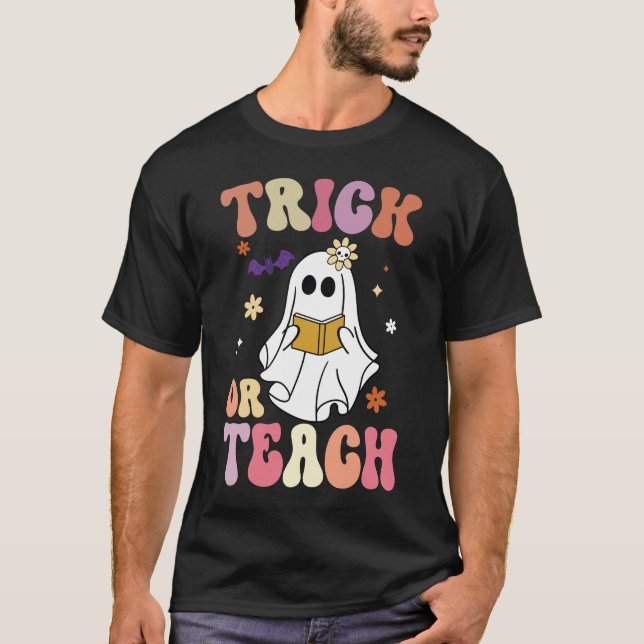 Groovy Halloween Trick or Teach Retro Floral Ghost T-Shirt (Front)