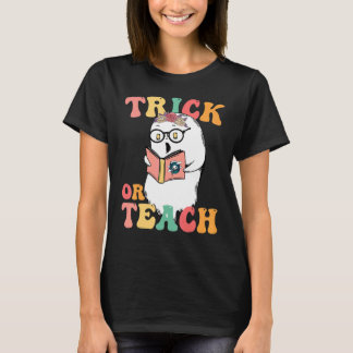 Groovy Halloween Trick Or Teach Retro Floral Ghost T-Shirt