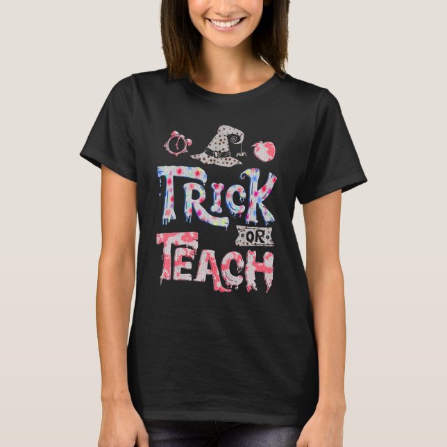 Groovy Halloween Trick or Teach Retro Floral Ghost T-Shirt (Front)