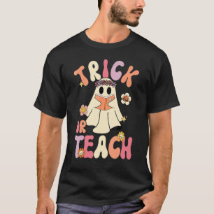 Groovy Halloween Trick or Teach Retro Floral Ghost T-Shirt