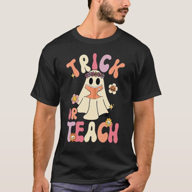 Groovy Halloween Trick or Teach Retro Floral Ghost T-Shirt (Front)