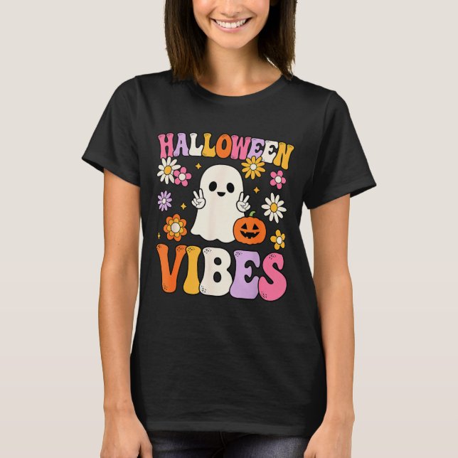 Groovy Halloween Vibes Costume Ghost Pumpkin  T-Shirt (Front)