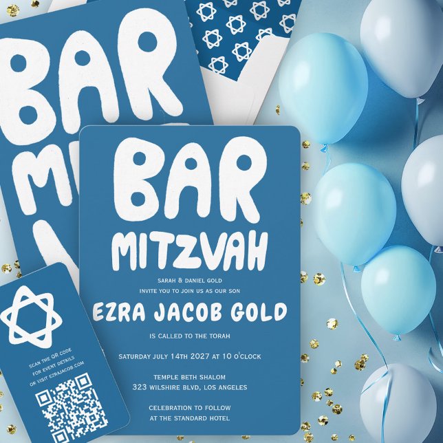 Groovy Handlettering Custom Bar Mitzvah Blue Invitation (Groovy Handlettering Custom Bar Mitzvah Blue Invitation
)