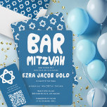 Groovy Handlettering Custom Bar Mitzvah Blue Stars Invitation<br><div class="desc">Perfect card to announce a bar mitzvah! Hand made art for you with handlettering on the front and a pattern on the back side! FULLY CUSTOMIZABLE! Click on “Personalise” above to edit the text. Click "edit using design tool" to adjust the fonts, colours and placements and to delete the back...</div>