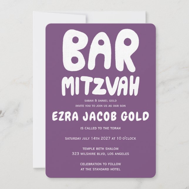 Groovy Handlettering Custom Bar Mitzvah Purple Invitation (Front)