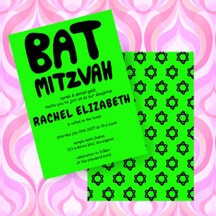 Groovy Handlettering Custom Bat Mitzvah Neon Stars Invitation