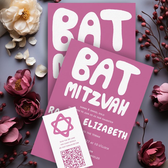 Groovy Handlettering Custom Bat Mitzvah Pink  Invitation (Groovy Handlettering Custom Bat Mitzvah Pink Invitation
Collection)