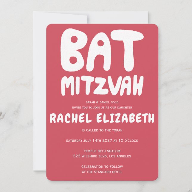 Groovy Handlettering Custom Bat Mitzvah Pink Stars Invitation (Front)
