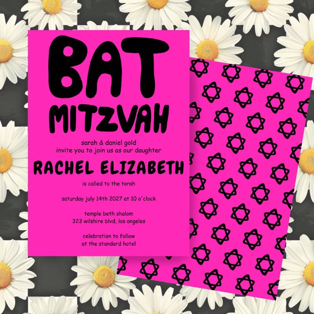 Groovy Handlettering Custom Bat Mitzvah Pink Stars Invitation (Groovy Handlettering Custom Bat Mitzvah Hot Pink Stars Bold Invitation
)