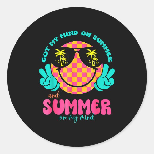 Groovy Happy Face Summer Vibes Got My Mind On Summ Classic Round Sticker (Front)