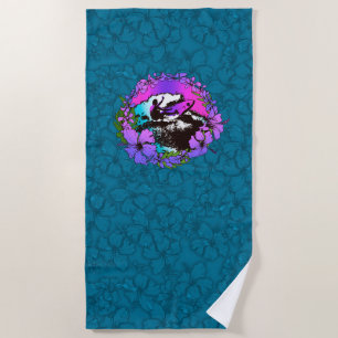 Groovy Hawaiian Surfer 1960s Retro Hibiscus -Teal Beach Towel