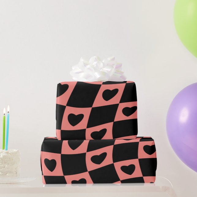 Groovy Heart Shape Chequerboard, Y2K 90s  Wrappin Wrapping Paper (Party Gifts)