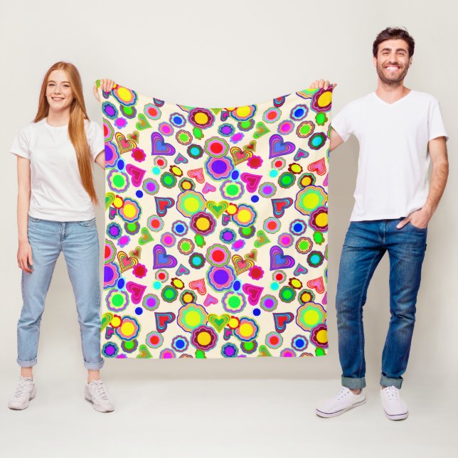 Groovy Hearts Colourful Flowers Fleece Blanket (In Situ)