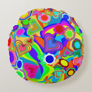 Groovy Hearts Colourful Flowers Round Cushion