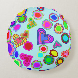 Groovy Hearts Flowers Round Cushion