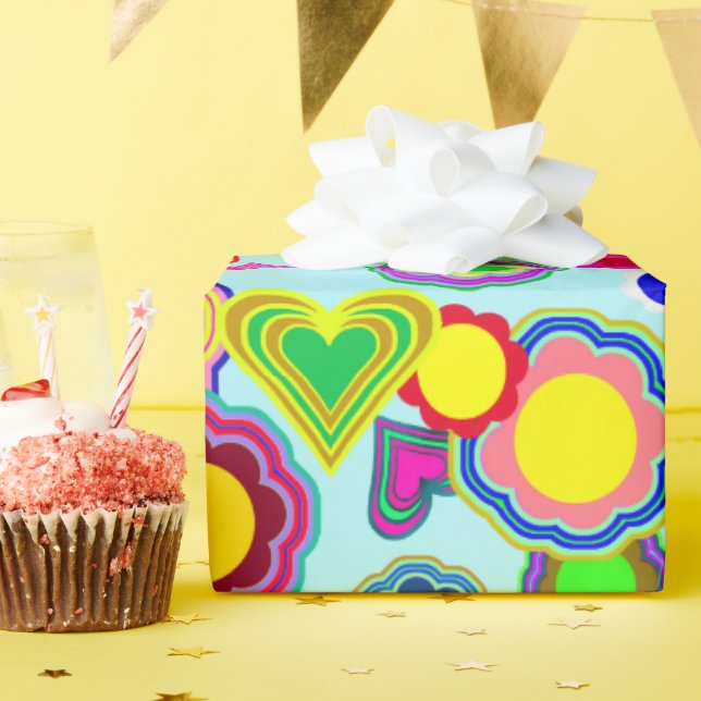 Groovy Hearts Flowers Wrapping Paper (Birthday Party)