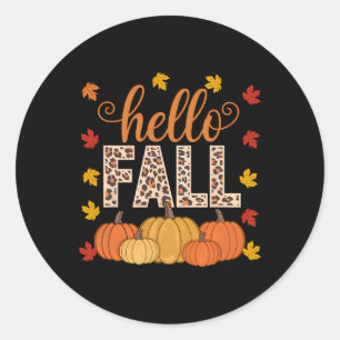 Groovy Hello Fall Autumn Maple Leaves Pumpkin Leop Classic Round Sticker