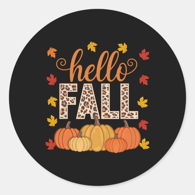 Groovy Hello Fall Autumn Maple Leaves Pumpkin Leop Classic Round Sticker (Front)