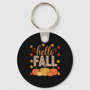 Groovy Hello Fall Autumn Maple Leaves Pumpkin Leop Key Ring
