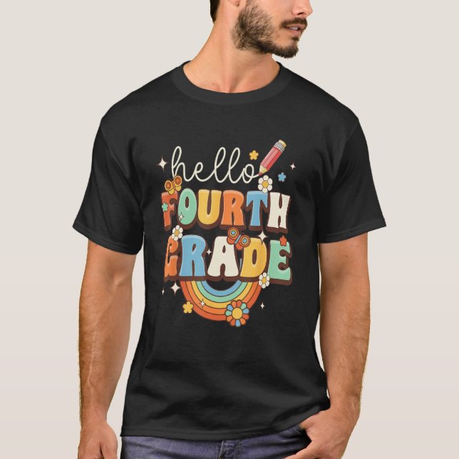 Groovy Hello Fourth Grade Vibes Retro Teacher Back T-Shirt (Front)