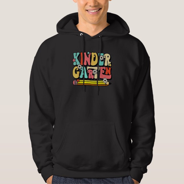 Groovy Hello Kindergarten Vibes Retro Teacher Back Hoodie (Front)