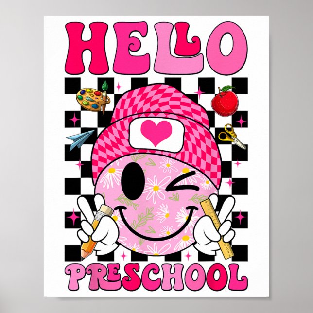 Groovy Hello Preschool Pre-k Students First Day Of Poster (Front)