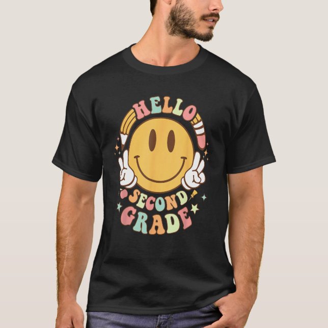 Groovy Hello Second Grade Smile Happy Face Back To T-Shirt (Front)