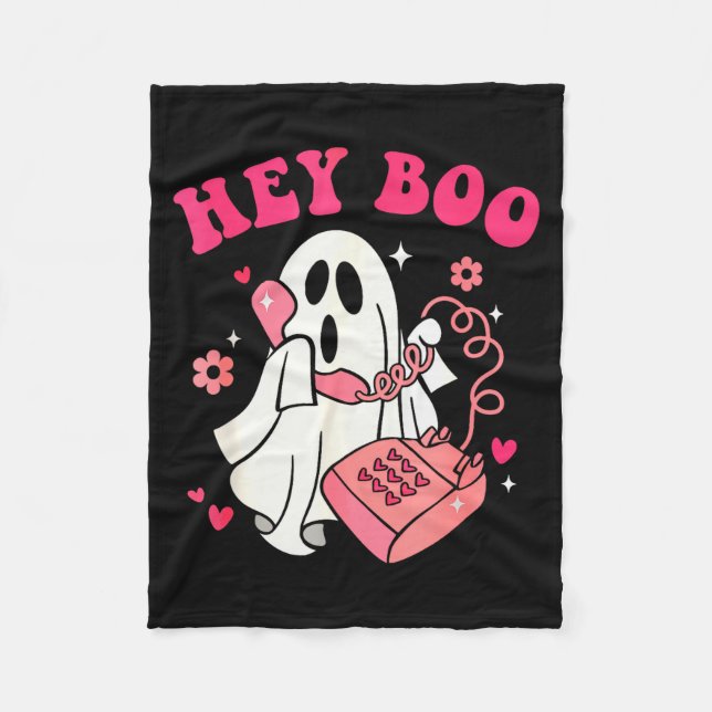 Groovy Hey Boo Cute Ghost Funny Halloween Mens Wom Fleece Blanket (Front)