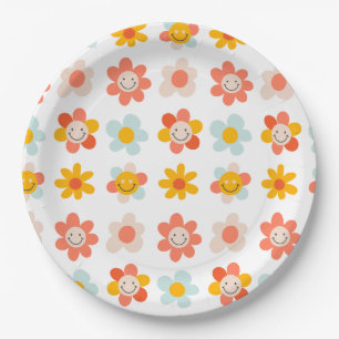 Groovy hippe retro modern fun flower faces paper plate