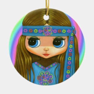 Groovy Hippie Chick in blue Peace Sign Cute Ceramic Tree Decoration