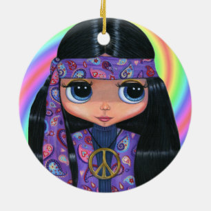 Groovy Hippie Chick in Purple Paisley Peace Sign Ceramic Tree Decoration