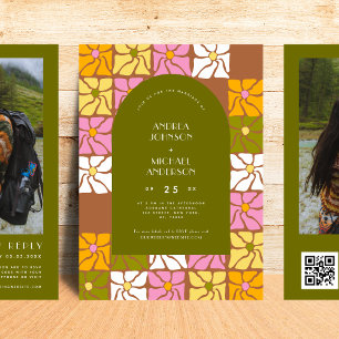 Groovy Hippie Floral Boho Arch QR Code Wedding Invitation