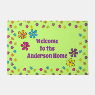 Groovy Hippie Flower Custom Name Doormat