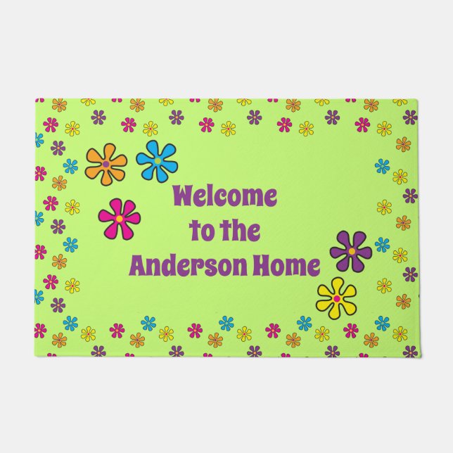 Groovy Hippie Flower Custom Name Doormat (Front)