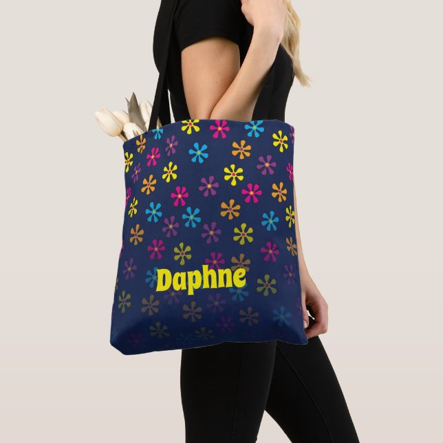 Groovy Hippie Flower Shower Custom Name Tote Bag (Close Up)