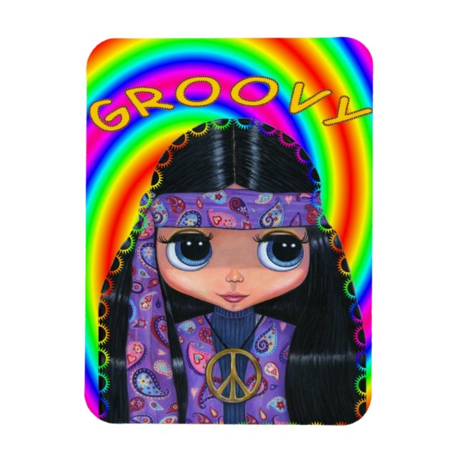 Groovy Hippie Girl Doll Peace Sign Cute Big Eyes Magnet (Vertical)