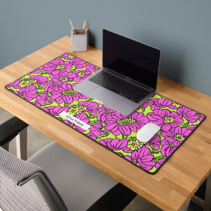 Groovy Hippie Neon Pink & Yellow Floral Pattern Desk Mat