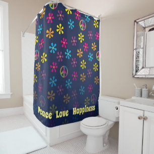 Groovy Hippie Peace and Flower Shower blue fade Shower Curtain