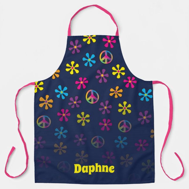 Groovy Hippie Peace and Flower Shower Custom Name Apron (Front)